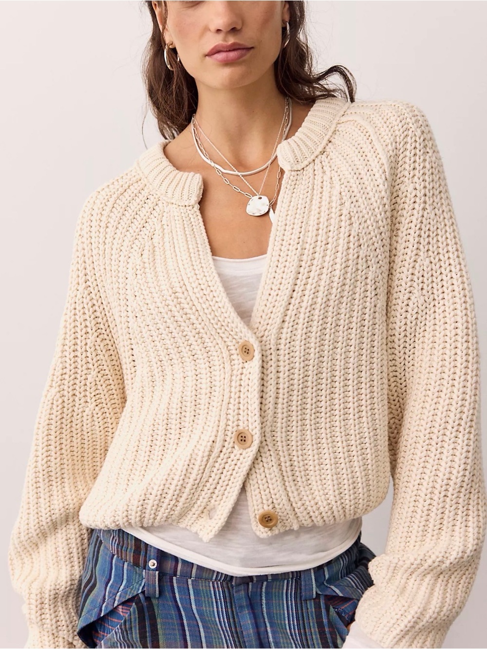 Free People Cream Chunky Ribbed Button Cardigan Sweater
